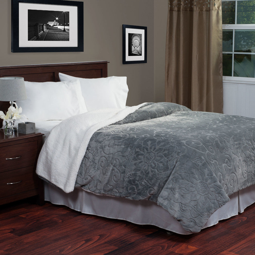 Floral Etched Fleece Blanket with Sherpa Backing, King, Gray