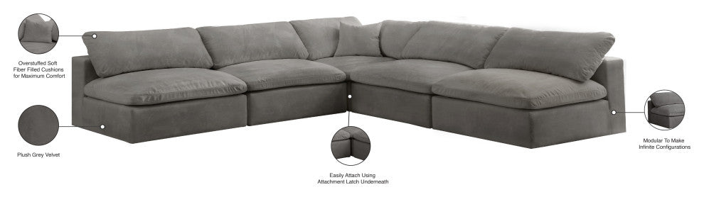Cozy Velvet Upholstered Comfort L-Shaped Modular Sectional, Grey, 5-Piece: 4 Armless Chair, 1 Corner Chair
