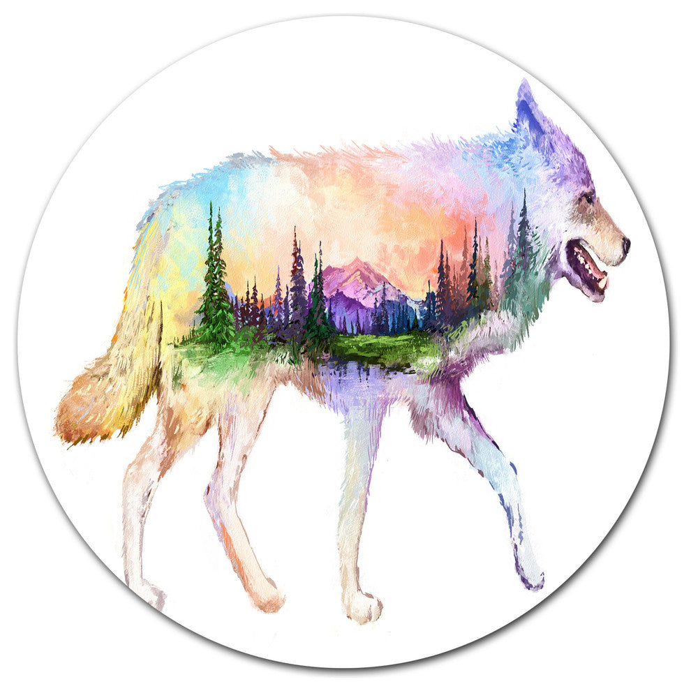 Wolf Double Exposure Illustration, Animal Large Disc Metal Artwork, 11"