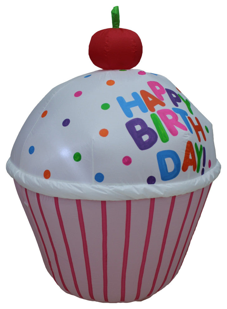 4' Tall Cute Happy Birthday Inflatable Cupcake and Cherry Lighted Decoration