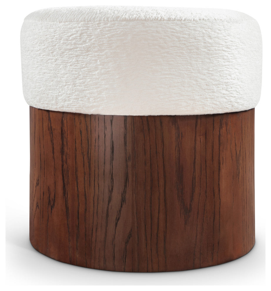 Nimes Upholstered Ottoman, Cream, Velour Fur, Walnut Finish