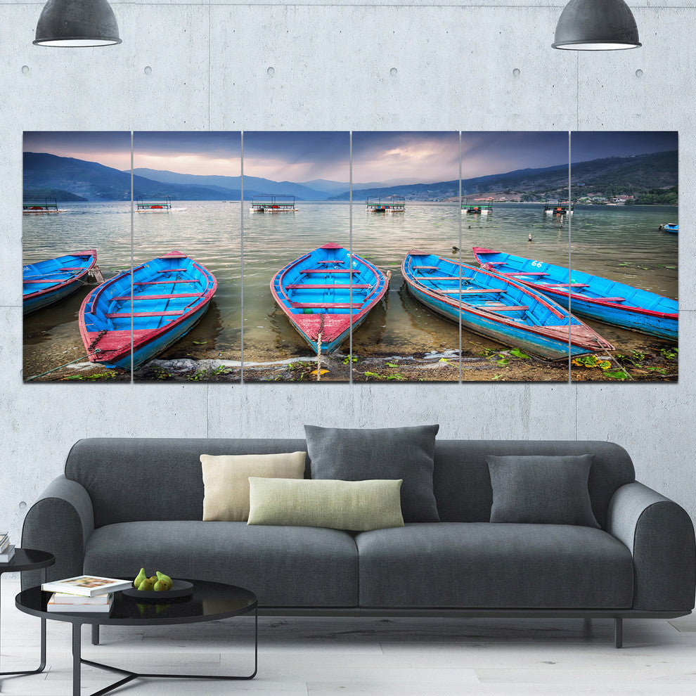 Row of Blue Boats in Pokhara Lake, Boat Canvas Art Print, 70"x28", 6 Panels