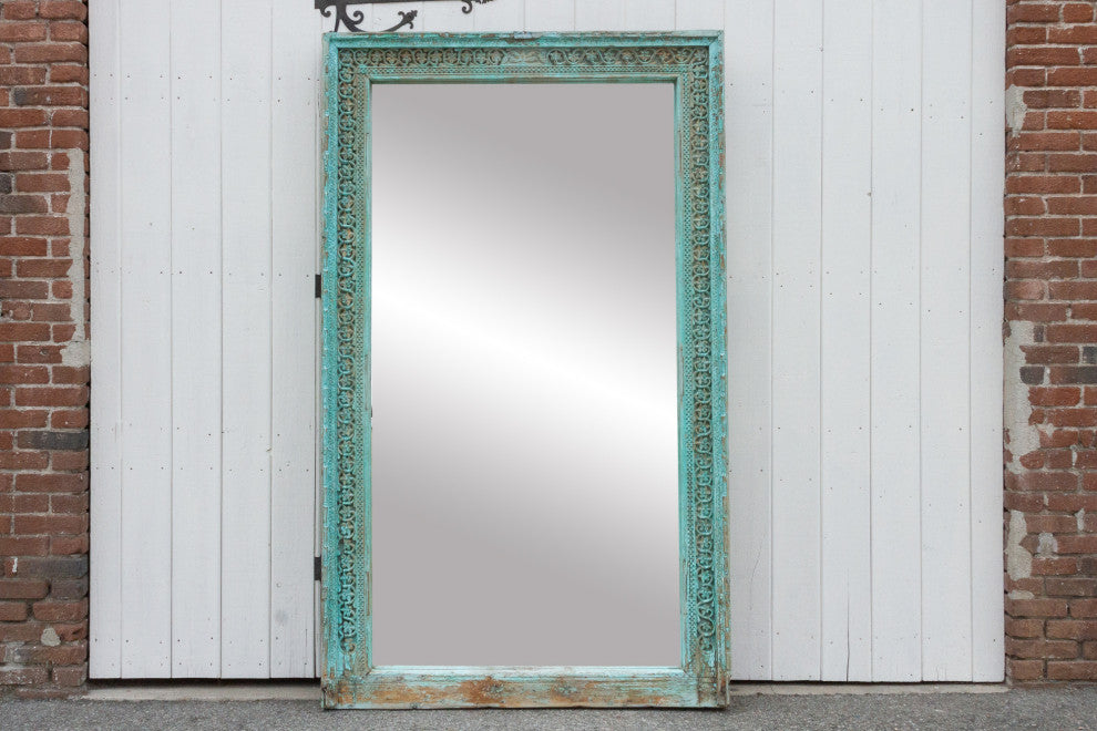 19th Century Indo-French Aqua Carved Floor Mirror