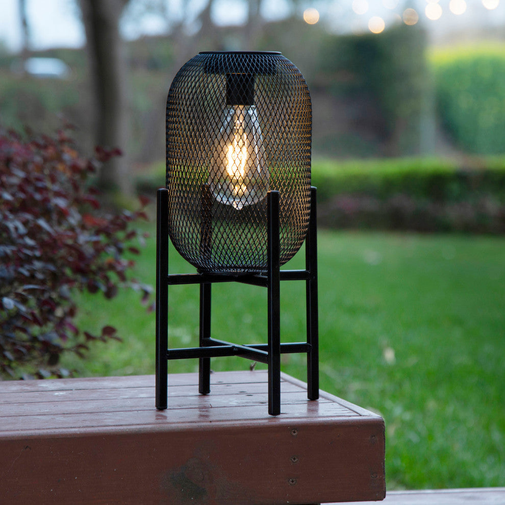 14.25"H Metal Mesh Black Solar Powered Outdoor Lantern With Stand