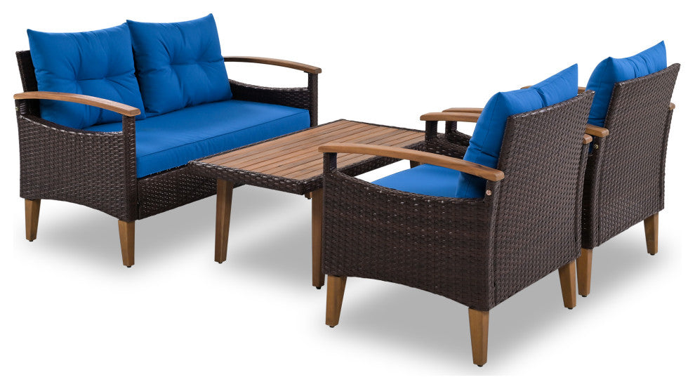 4-Piece Outdoor Wicker Patio Sofa Set with Wood Table and Removable Cushions, Blue
