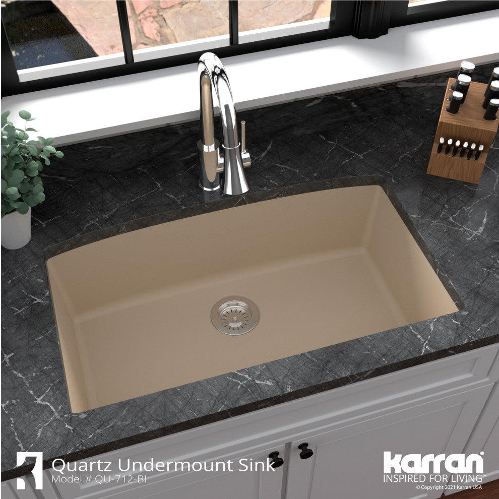 Karran Undermount Quartz Composite 32" Single Bowl Kitchen Sink, Bisque