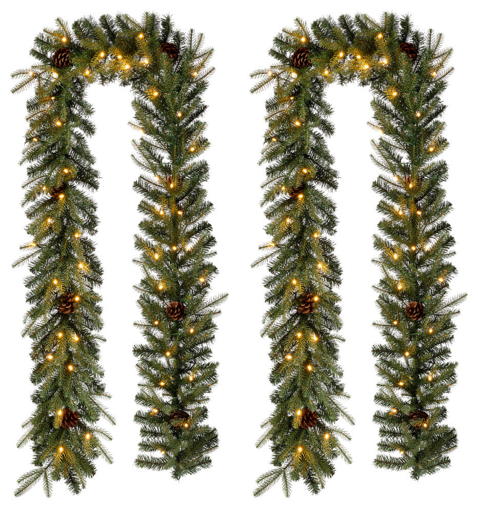 2pk 9ft Pre-Lit Greenery Pine Cone Christmas Garland, With Warm White LED Lights