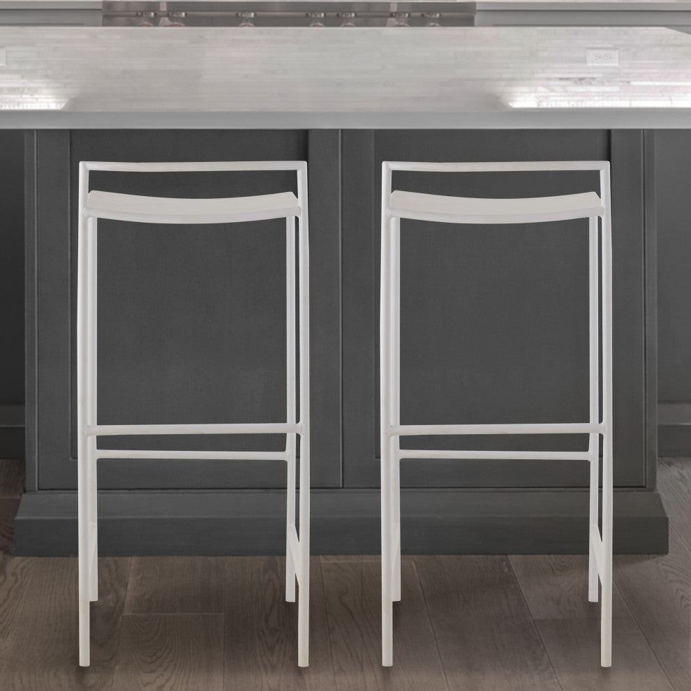 Coastal Contemporary Iron Saddle-Seat Low-Back Bar Stool, Foot Rest