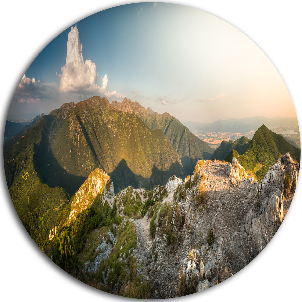 Rocky Green Mountains Panorama, Landscape Disc Metal Artwork, 36"