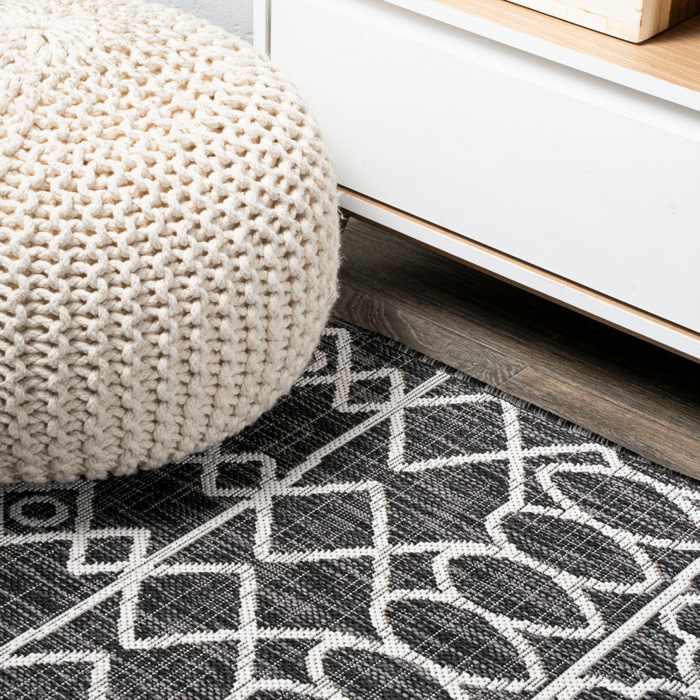 Kafel Tribal Bohemian Indoor/Outdoor Area Rug, Black/Ivory, 5'x8'
