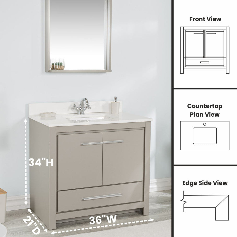 Mila Collection 36" Bathroom Vanity With Sink, Mirror, Countertop, Ash Gray