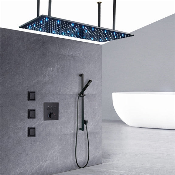 Venosa 20"x40" Matte Black Rainfall Shower System, 3 Jetted Body Spray, LED