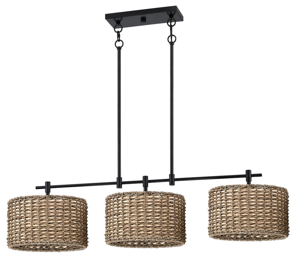 41"W 3-Light Black Farmhouse Rattan Island Light Linear Chandelier