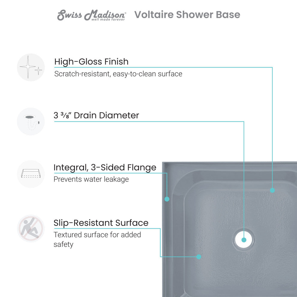 Voltaire 36"x36" Single-Threshold, Center Drain, Shower Base, Gray