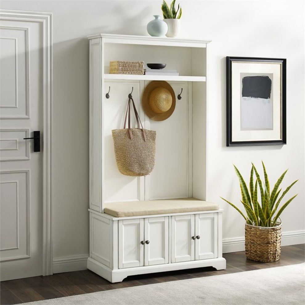 Bowery Hill Traditional Wood Hall Tree in Distressed White/Oatmeal