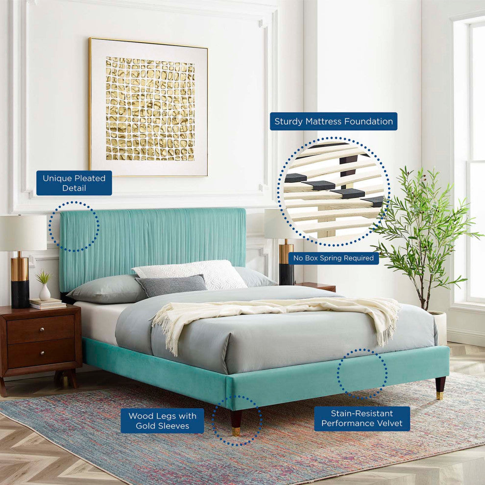 Platform Bed Frame, Twin Size, Velvet, Blue, Modern Contemporary, Bedroom Master