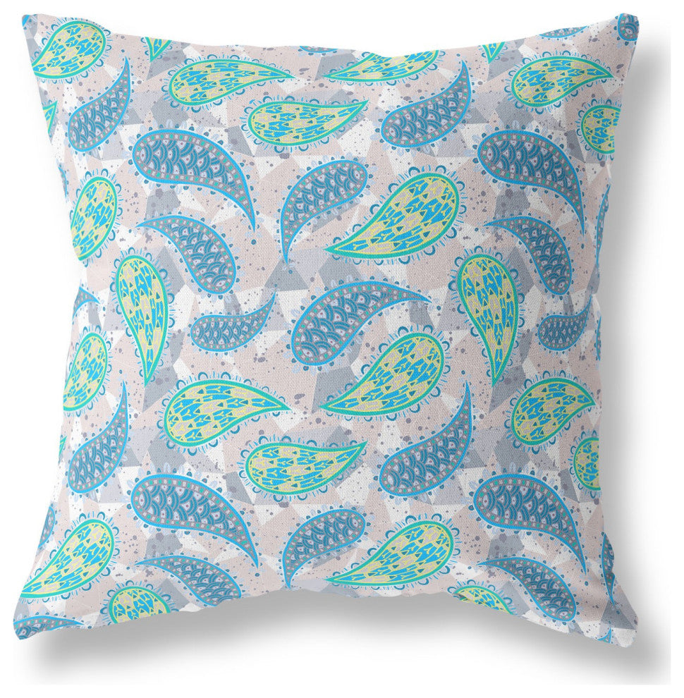 20" Green Indigo Boho Paisley Indoor Outdoor Throw Pillow