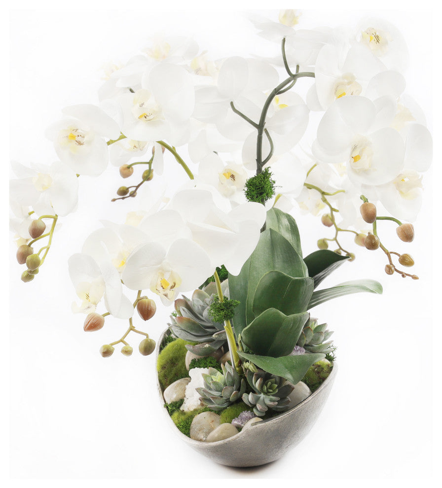 Cream White Real Touch Phalaenopsis Orchids in Large Metal Tray