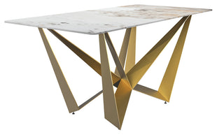 LeisureMod Nuvor Dining Table With Rectangular Top and Gold Steel Base, White Gray, 55 Inch