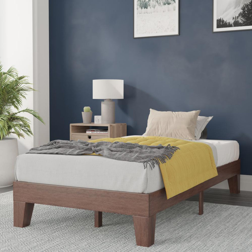 Evelyn Wood Platform Bed with Wooden Support Slats, No Box Spring Required, Walnut, Twin
