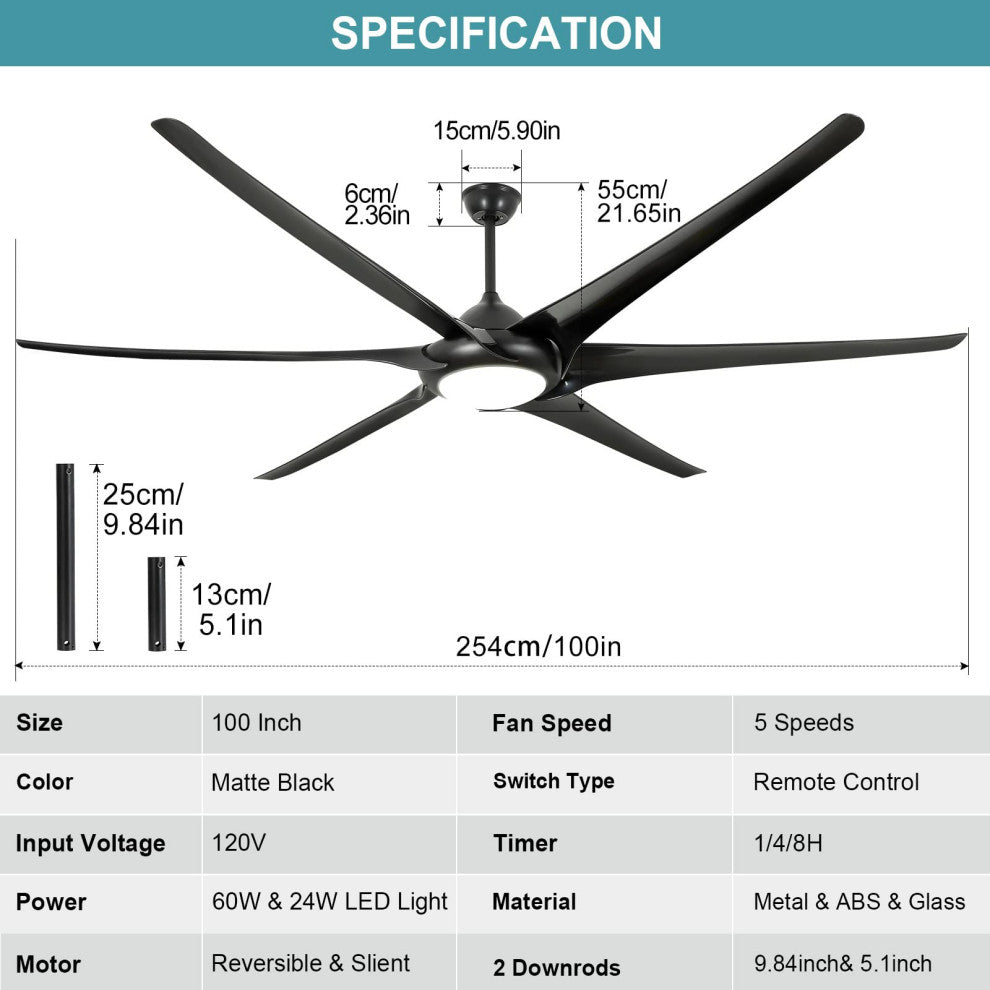 100" ABS Ceiling Fans With Lights And Remote, Black