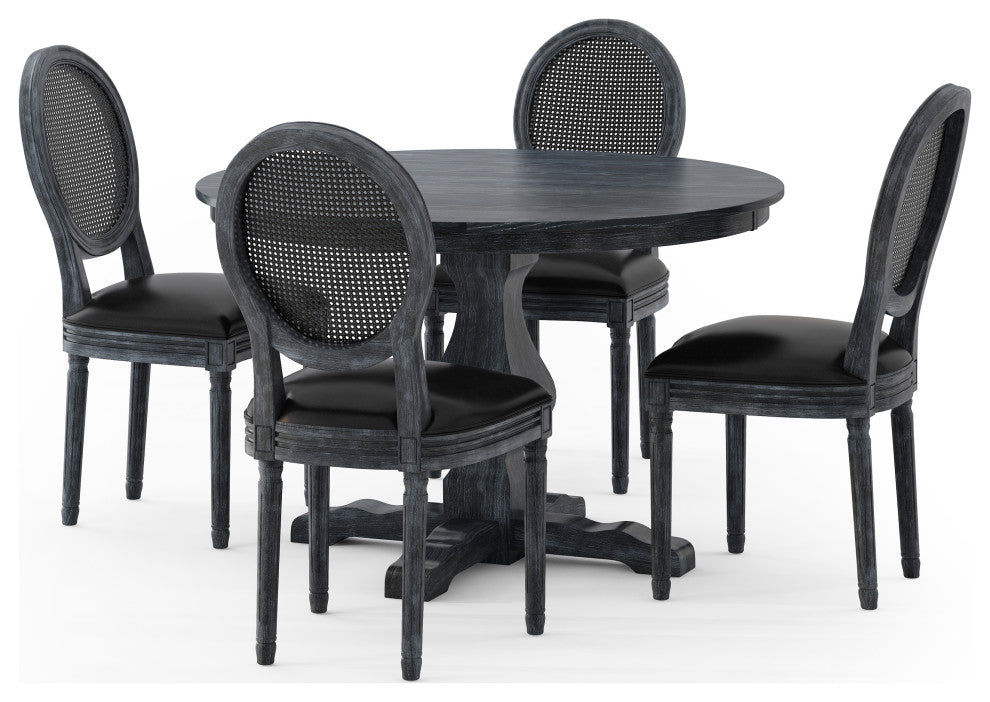 Mores French Country Upholstered Wood and Rattan 5-Piece Circular Dining Set, Gray/Midnight Black, Pu
