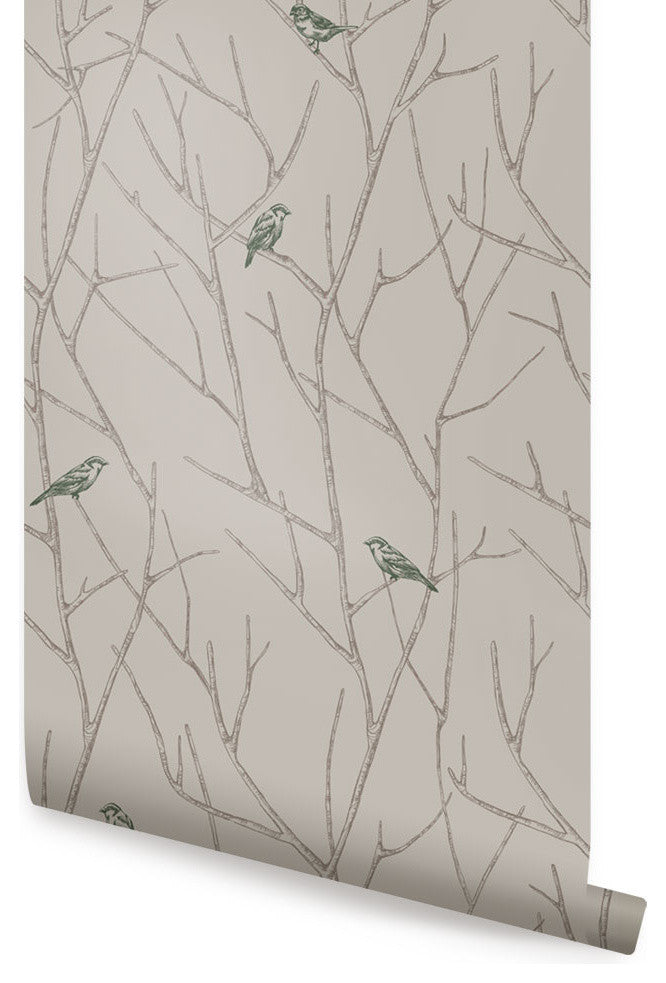 Branch Birds Peel and Stick Vinyl Wallpaper, Green, 24"w X 60"h