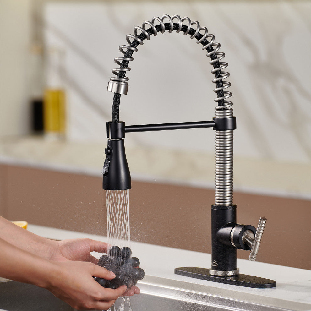 Single Handle Kitchen Sink Faucet Pull-Down Sprayer, 360 Swivel, 3 Functions, Matte Black+brushed Nickel