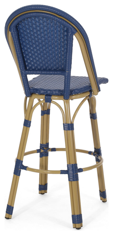 Cotterell Outdoor French Wicker and Aluminum 29.5" Barstools, Set of 4, Navy Blue/Bamboo Finish