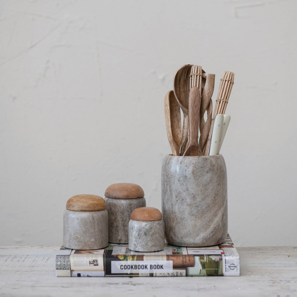 Modern Marble Canister with Wood Lid, Natural, Small