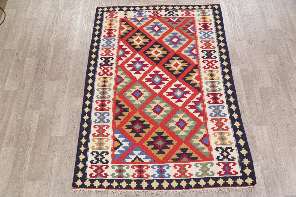 Southwestern Kilim Shiraz Geometric Hand-Woven Wool Oriental Rug, Orange, 5x7