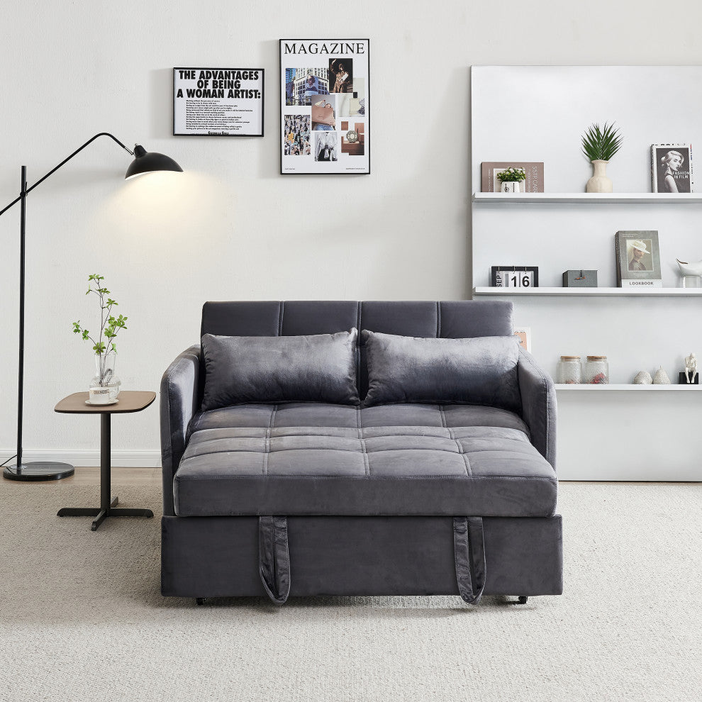 TATEUS 55.5" Twins Pull Out Sofa Bed Velvet for Small Room Grey
