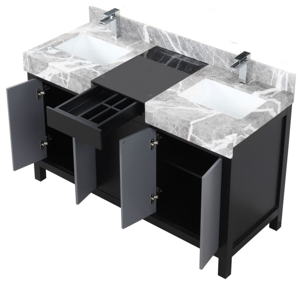 55" Double Vanity, Marble Tops, White Square Sinks, And Monte Chrome Faucet Set