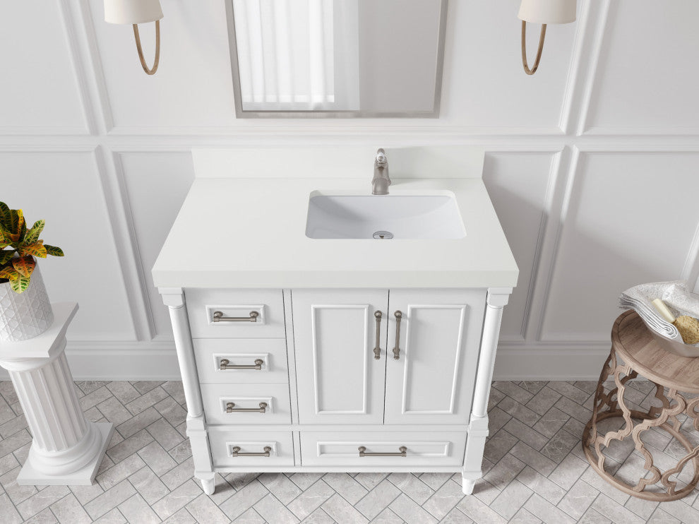 Aberdeen 36 Right Offset Bath Vanity in White 2" Calacatta Gold