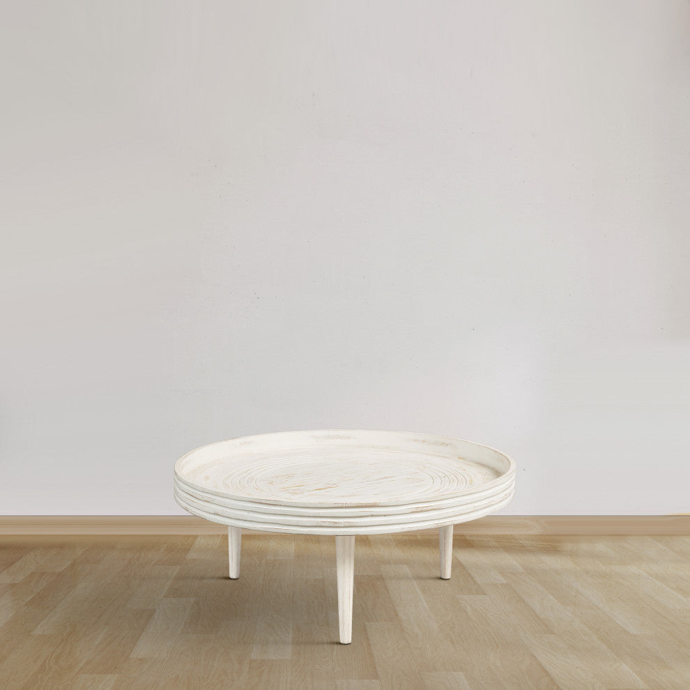 33" Coffee Table Mango Wood Round Top Grooved Edge Distressed White Finish