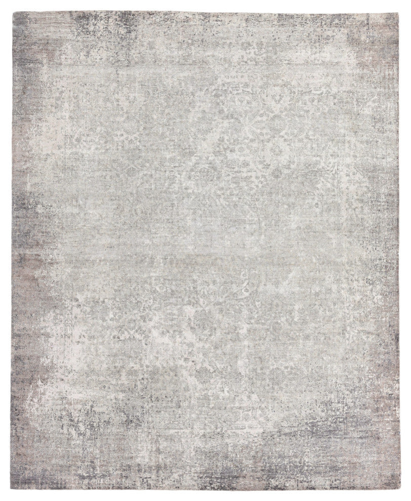 Fine Pure Silk Hand-Knotted Silk Silver/Ivory Area Rug