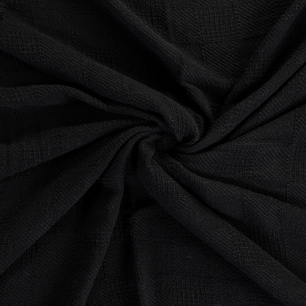 Checkered Weave Throw Blanket with Fringe, Jet Black