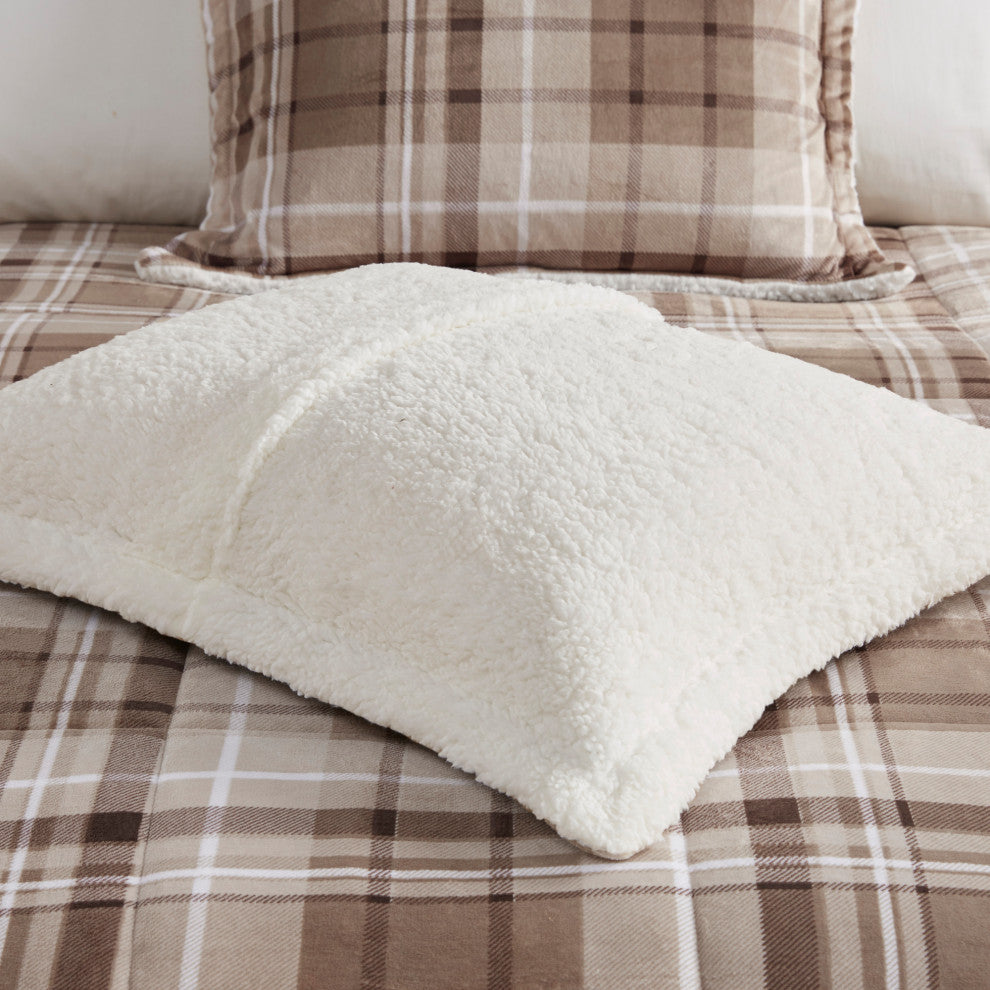 Woolrich Alton Plush to Sherpa Winter Comforter Set, Plaid Taupe, King