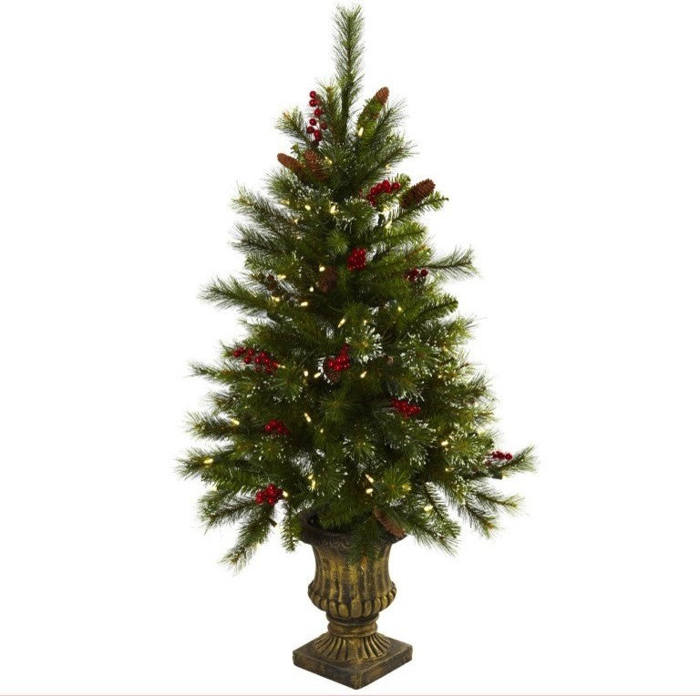 4' Christmas Tree With Berries, Pine Cones, LED Lights and Decorative Urn, Green