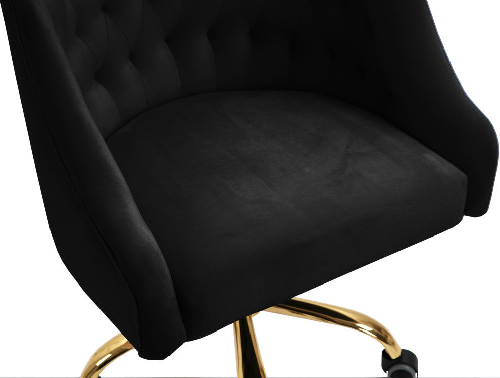 Arden Swivel and Adjustable Velvet Upholstered Office Chair, Black, Gold Base