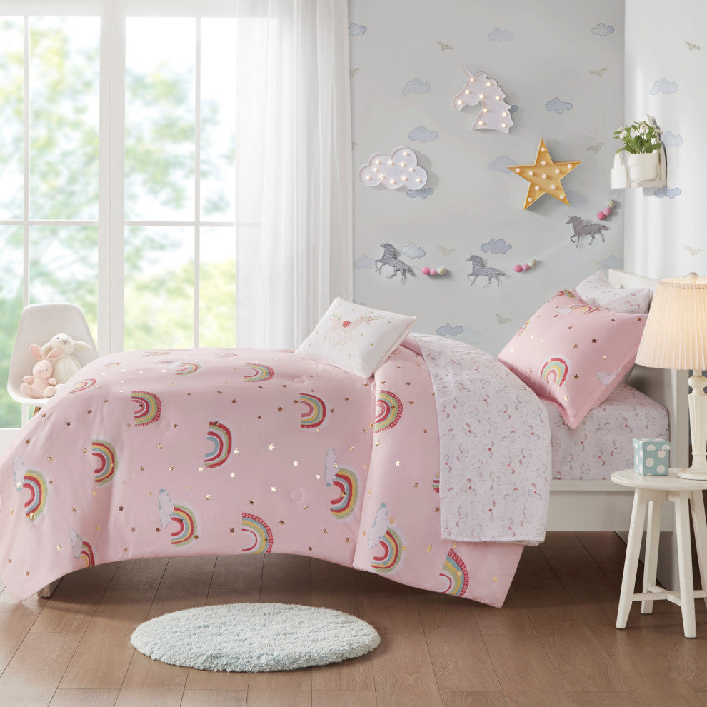 Mi Zone Kids Alicia Unicorn Gold Stars Complete Comforter and Sheet Set, Twin, C