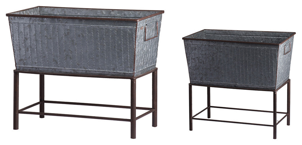 Rectangular Galvanized Metal Tub Planters On Stand Set of 2