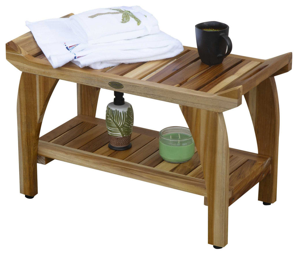 HomeRoots Rectangular Teak Shower Bench With Handles, Natural Finish