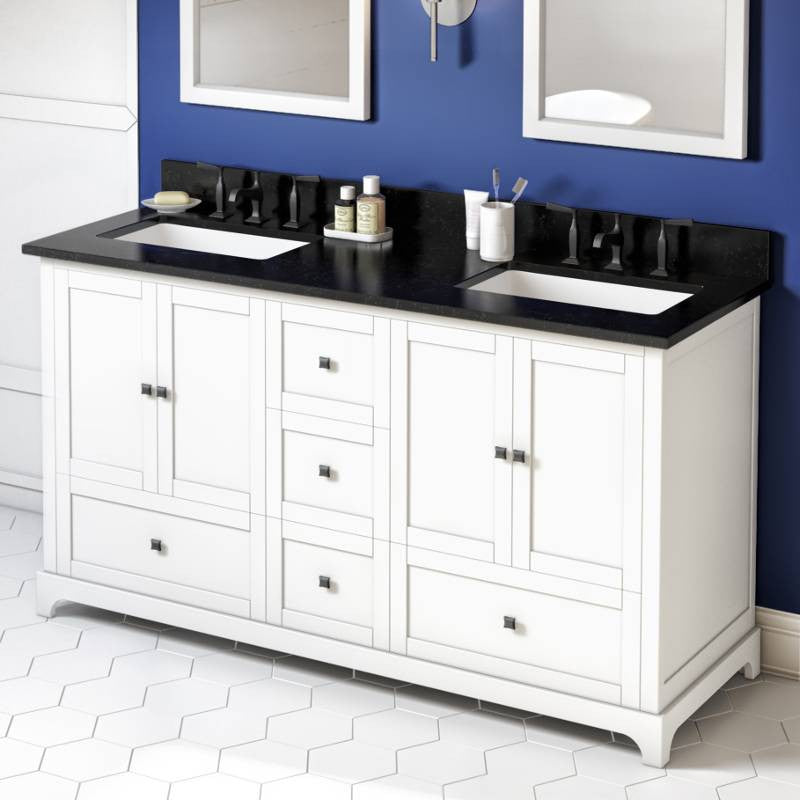 Addington Modern 60" White Double Sink Vanity, Black Granite Vanity Top