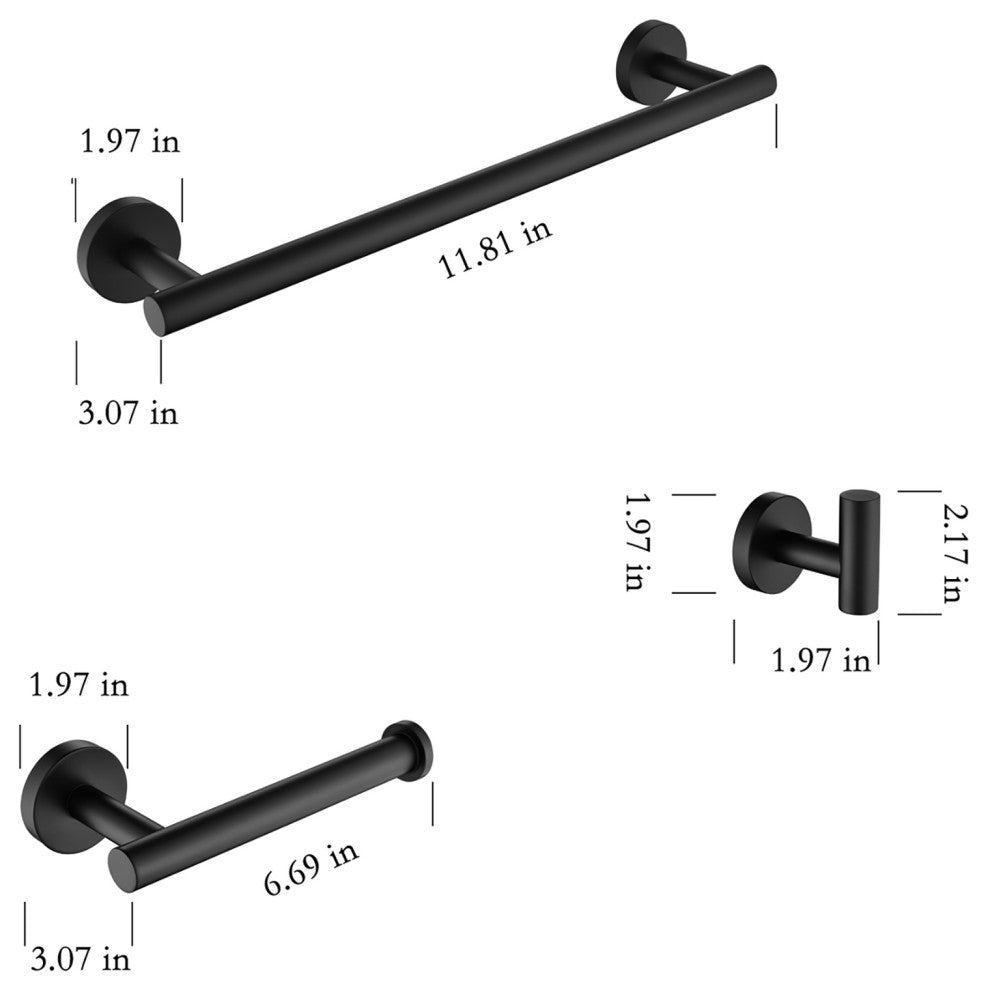 3-Piece Wall Mounted Bathroom Accessory Set, Matte Black