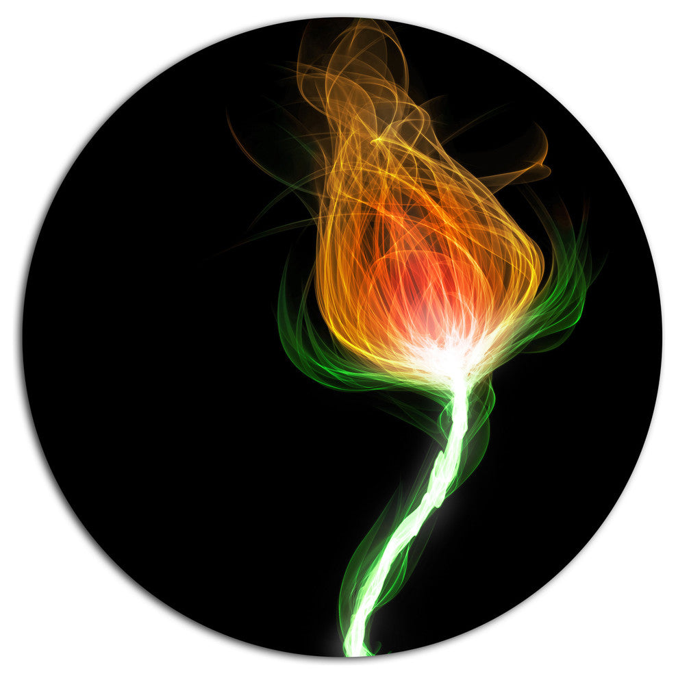 Fiery Fractal Flower With Stem, Floral Round Wall Art, 36"