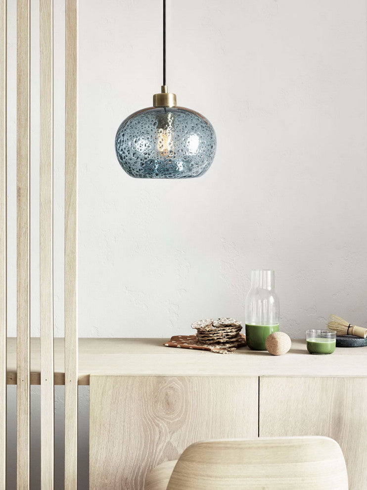 Mini Pendant Light Handblown, Light Blue, 6"x9", Brushed Brass
