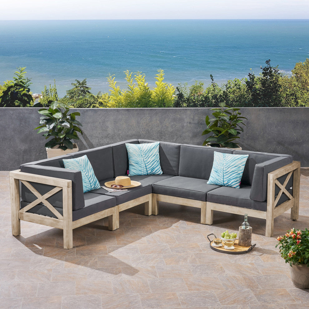 Ansel Outdoor Acacia Wood 5 Seater Sectional Sofa Set With Cushions