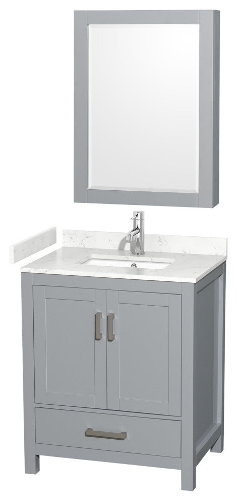 30"SGL Bathroom Vanity Gray, Carrara Cult. Marble Countertop, Sink, Med. Cabinet