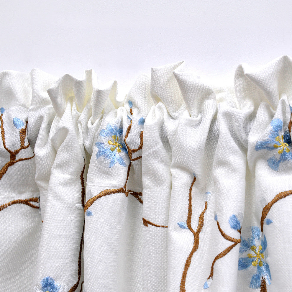 Cherry Blossom Embroidery Window Curtain Valance, Light Blue, 19" X 60"